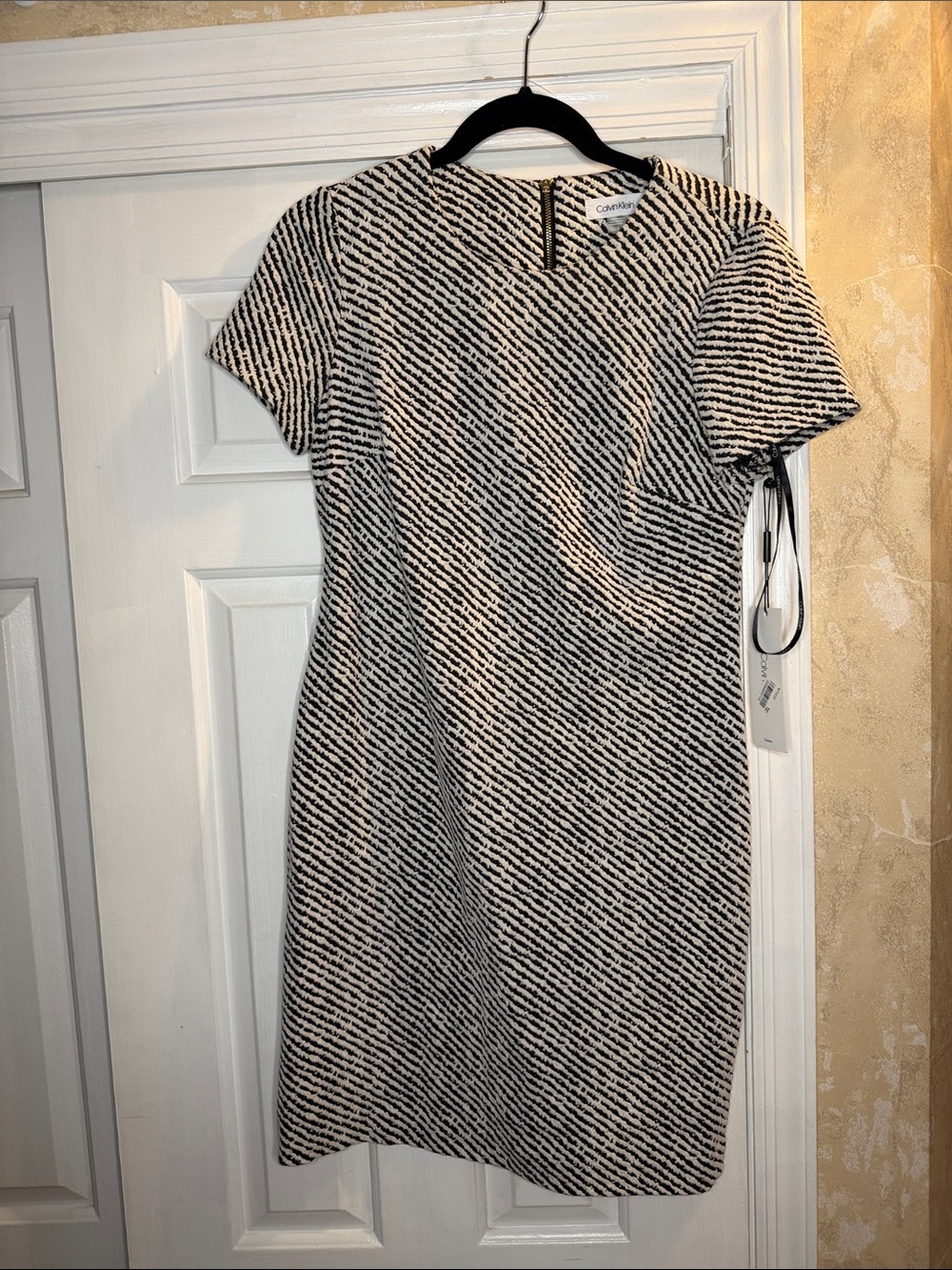 Calvin Klein Black and White Diagonal-Stripe Sheath Dress